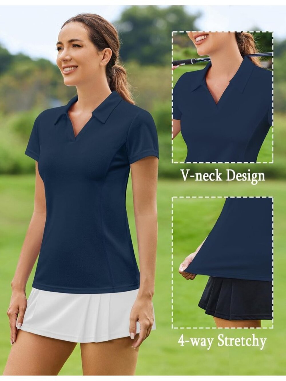 Women's Navy Blue Golf Shirt Short Sleeve Quick Dry V-Neck Tennis Tops Fit - Picture 4 of 4